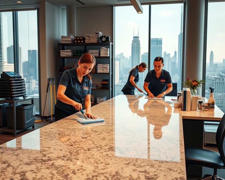 A modern, well-lit office space showcasing the Tavana Franchise branding. In the foreground, a team of professional cleaners in uniforms meticulously clean a polished granite countertop. In the middle ground, various cleaning equipment and supplies are neatly organized on shelves. The background features large windows overlooking a bustling city skyline, conveying a sense of growth and opportunity. Warm, natural lighting illuminates the scene, creating a clean, inviting atmosphere that emphasizes the professionalism and efficiency of the Tavana Franchise commercial cleaning business.
