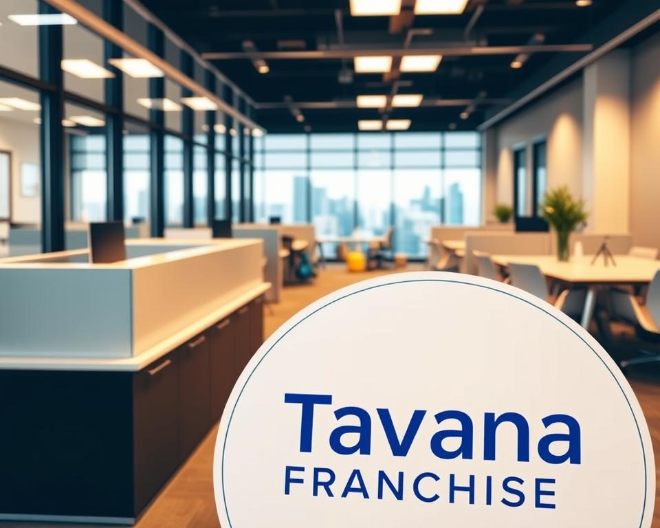 A modern, well-lit office space with a reception desk, cubicles, and a conference table. In the foreground, a Tavana Franchise logo is prominently displayed on a sign or plaque. The middle ground showcases cleaning supplies, mops, and vacuums, hinting at the franchise's focus on office maintenance. The background features large windows overlooking a cityscape, creating a professional and efficient atmosphere. The lighting is warm and inviting, highlighting the organized and well-maintained nature of the office. The overall composition conveys the comprehensive services and structured approach of the Tavana Franchise office cleaning model.