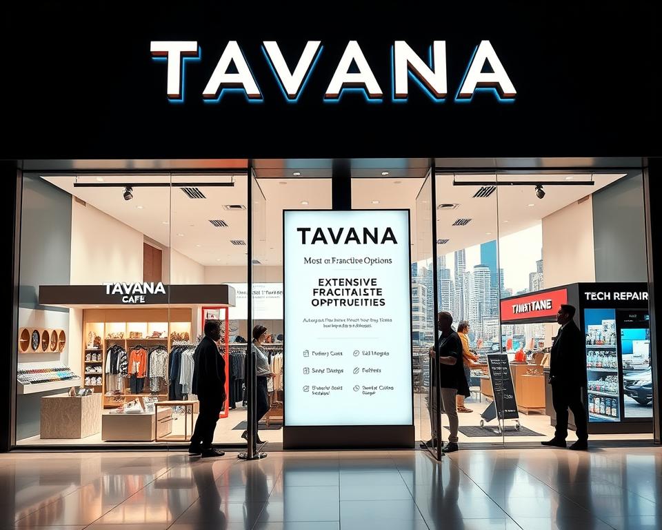 A modern, well-lit storefront of the Tavana Franchise, showcasing its most profitable opportunities. In the foreground, a display of thriving businesses - a bustling cafe, a stylish clothing boutique, and a state-of-the-art tech repair shop. The middle ground features a sleek, minimalist signage highlighting Tavana's extensive franchise options, with a professional, approachable staff engaged with potential investors. The background depicts a vibrant, urban cityscape, conveying the idea of a successful, high-growth franchise network. The overall atmosphere is one of professionalism, opportunity, and the promise of a rewarding entrepreneurial journey.