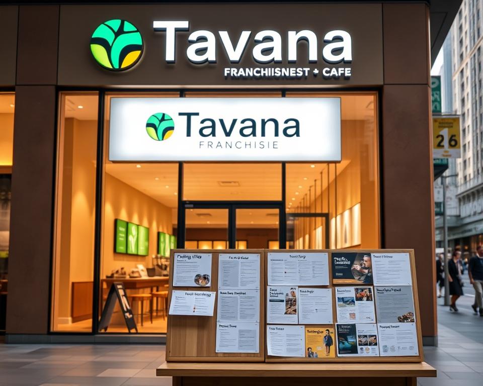 A modern, well-lit storefront showcasing the Tavana Franchise logo and signage. The facade features clean lines, warm tones, and large windows, inviting potential franchisees to explore the brand's opportunities. In the middle ground, a display showcases franchise-related documents, brochures, and information, guiding visitors through the process. The background subtly hints at a bustling urban setting, with the Tavana Franchise blending seamlessly into the cityscape, reflecting its established presence and growth potential.
