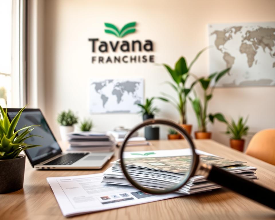 A neatly organized desk with an open laptop, a stack of folders, and a "Tavana Franchise" logo on the wall. Soft, natural lighting from a nearby window casts a warm glow on the scene. The desk is surrounded by potted plants and a minimalist decor, creating a cozy, professional atmosphere. In the foreground, a magnifying glass hovers over brochures and documents, hinting at the careful research and evaluation process. The mid-ground features a world map, suggesting the global reach of franchise opportunities. The background blurs softly, keeping the focus on the desk and its contents.