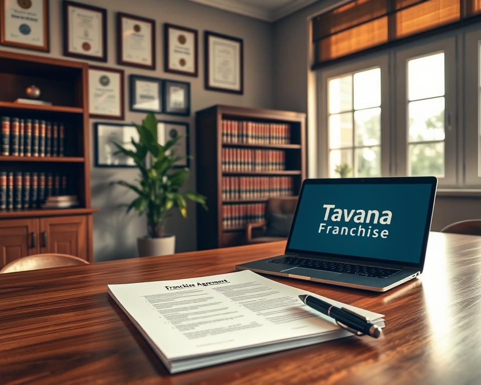 A neatly organized office interior with a large wooden desk. On the desk, a stack of legal documents labeled "Franchise Agreement" rests alongside a pen and a laptop displaying the "Tavana Franchise" logo. The room is bathed in warm, natural lighting filtering through large windows, creating a professional and inviting atmosphere. The walls are adorned with framed certificates and awards, conveying a sense of expertise and authority. A potted plant in the corner adds a touch of greenery, while a bookshelf filled with legal volumes stands as a symbol of knowledge and attention to detail.