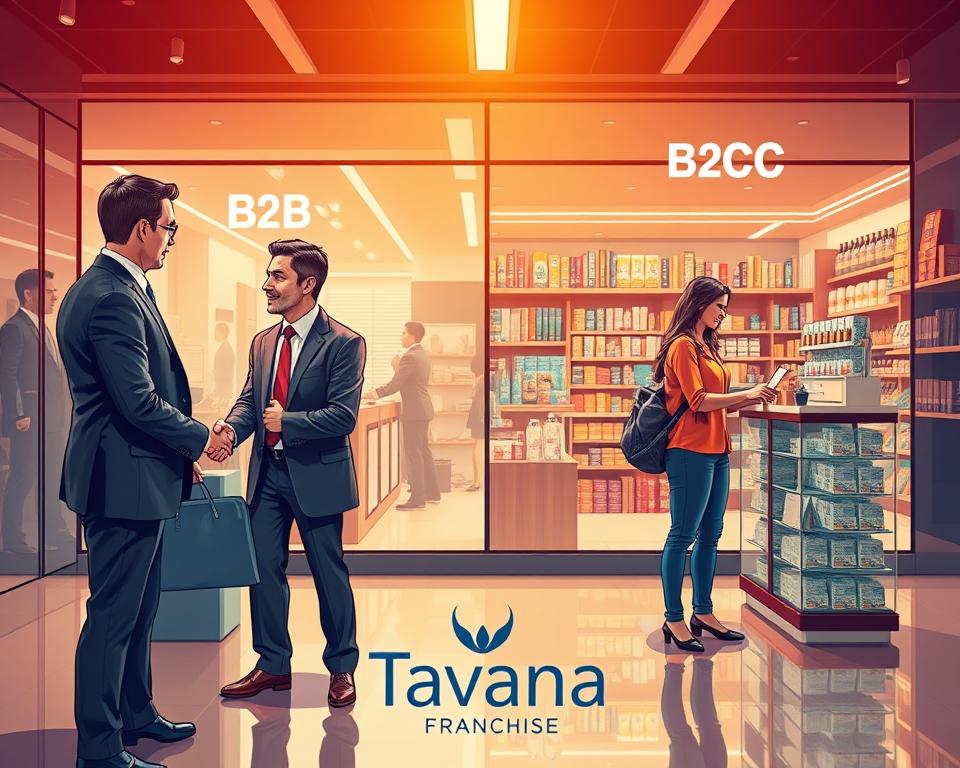 A professional, high-resolution illustration depicting the contrasting sales processes and customer relationships in B2B and B2C markets. In the foreground, a dynamic B2B sales scenario with suited businessmen shaking hands and discussing complex terms, set against a sleek, modern office environment. In the middle ground, a vibrant B2C sales scene with a friendly retail clerk assisting a casual customer, surrounded by colorful product displays. The background features a split-screen effect, with one side showcasing the analytical, data-driven B2B approach and the other highlighting the personalized, experience-driven B2C approach. The overall scene is bathed in warm, professional lighting, captured with a wide-angle lens to emphasize the contrast between the two business models. The Tavana Franchise brand is prominently displayed in a subtle, tasteful manner.