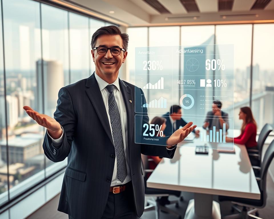 A serene, modern office space with floor-to-ceiling windows overlooking a bustling cityscape. In the foreground, a well-dressed professional, the "Tavana Franchise" logo visible on their lapel, gestures enthusiastically while presenting a holographic display of statistics and charts showcasing the advantages of franchising for a franchisor. The middle ground features a team of diverse, engaged employees collaborating around a sleek conference table. The background is illuminated by warm, directional lighting, creating a sense of professionalism and success.