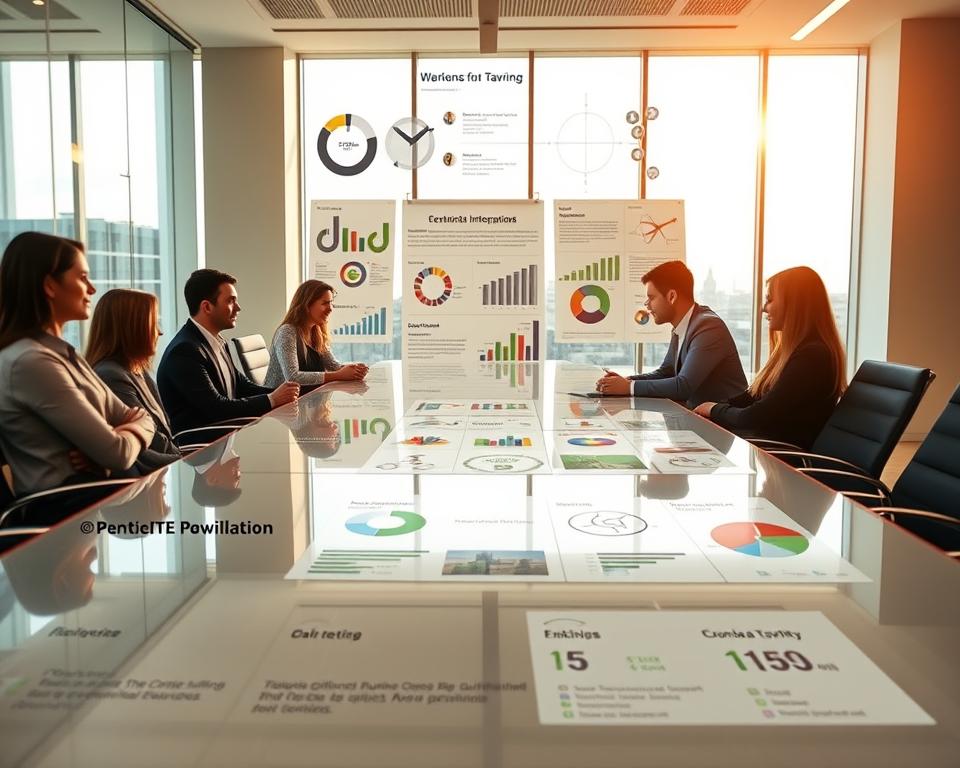 A serene office setting showcasing the benefits of the Tavana Franchise system. In the foreground, a team of professionals collaborating around a glossy conference table, conveying the camaraderie and support of the franchise network. The middle ground features various informative infographics and charts, highlighting the comprehensive business guidance and operational resources available to franchisees. The background depicts a modern, sun-lit workspace with floor-to-ceiling windows, suggesting the professional growth and financial stability the Tavana Franchise provides. Warm lighting and a calming color palette evoke a sense of stability and prosperity.