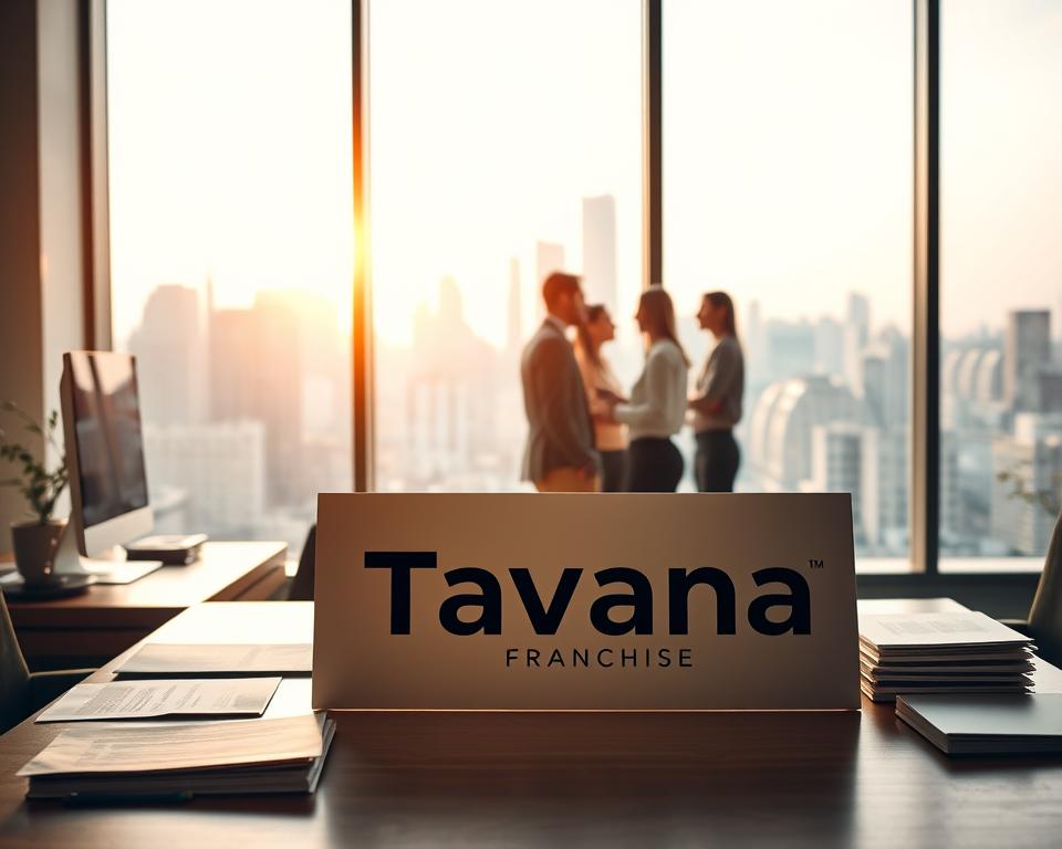 A serene office setting with a large window overlooking a bustling city skyline. In the foreground, a neatly organized desk displays the "Tavana Franchise" logo, surrounded by documents and a computer. Warm, natural lighting filters in, creating a sense of productivity and success. In the middle ground, a team of professionals collaborate, discussing expansion plans and growth opportunities. The background features a cityscape, symbolizing the vast potential of the franchise model. The overall atmosphere exudes professionalism, opportunity, and the benefits of franchising a company.