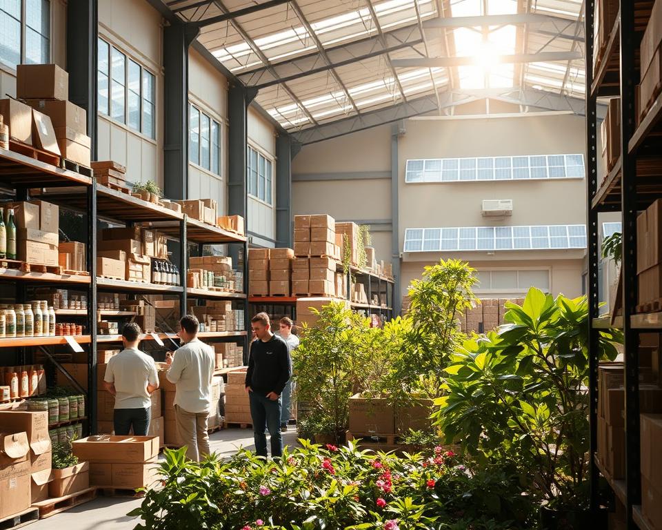 A serene, sun-drenched warehouse interior showcasing the eco-friendly product sourcing practices of Tavana Franchise. Soft natural lighting filters through large windows, illuminating shelves stocked with organic, sustainable goods. In the foreground, a team of employees meticulously inspects incoming shipments, ensuring compliance with the brand's rigorous green standards. The middle ground features a lush indoor garden, its verdant plants and flowers symbolizing Tavana's commitment to environmental stewardship. In the background, solar panels line the rooftop, powering the facility's operations with renewable energy. An atmosphere of tranquility and environmental responsibility pervades the scene, showcasing Tavana Franchise's dedication to eco-friendly product sourcing.