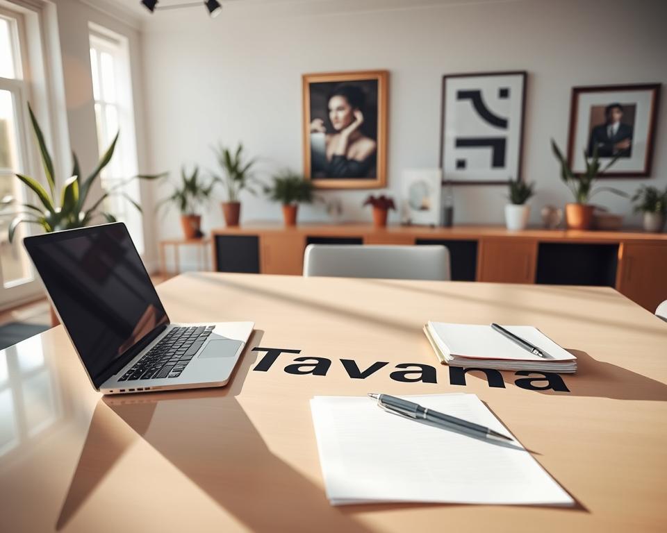 A serene, sun-lit office interior, with a large desk showcasing the "Tavana Franchise" logo prominently displayed. On the desk, an open laptop, a stack of files, and a pen resting on a notepad, suggesting an active business transaction. The background features tasteful decor, including potted plants and framed artwork, creating a professional yet inviting atmosphere. The lighting is soft and natural, casting gentle shadows and highlighting the clean, modern design elements. The camera angle is slightly elevated, providing a sense of authority and opportunity, inviting the viewer to imagine themselves evaluating this profitable franchise opportunity.