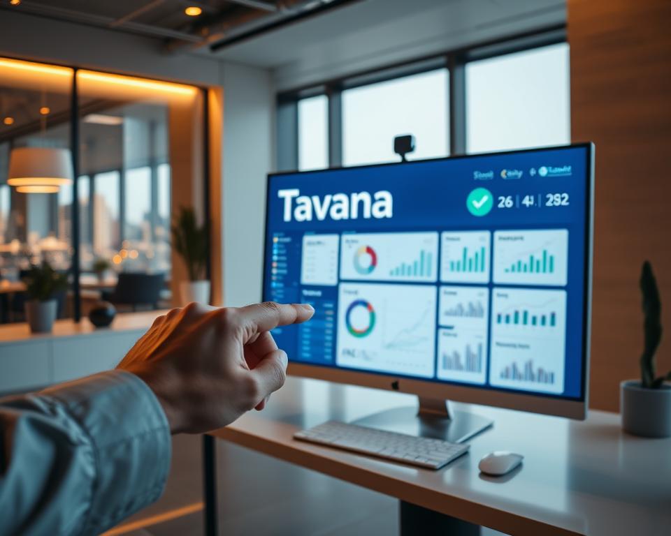 A sleek and modern office setting, with a well-designed franchisee accounting software interface displayed on a large, high-resolution monitor. The software logo prominently features the brand name "Tavana Franchise" in a clean, professional typeface. The workspace is bathed in warm, diffused lighting, creating a productive and focused atmosphere. In the foreground, a hand hovers over a touchpad, navigating the software's intuitive dashboard. The middle ground showcases various financial reports and analytics, while the background features minimalist decor and a large window overlooking a bustling city skyline.