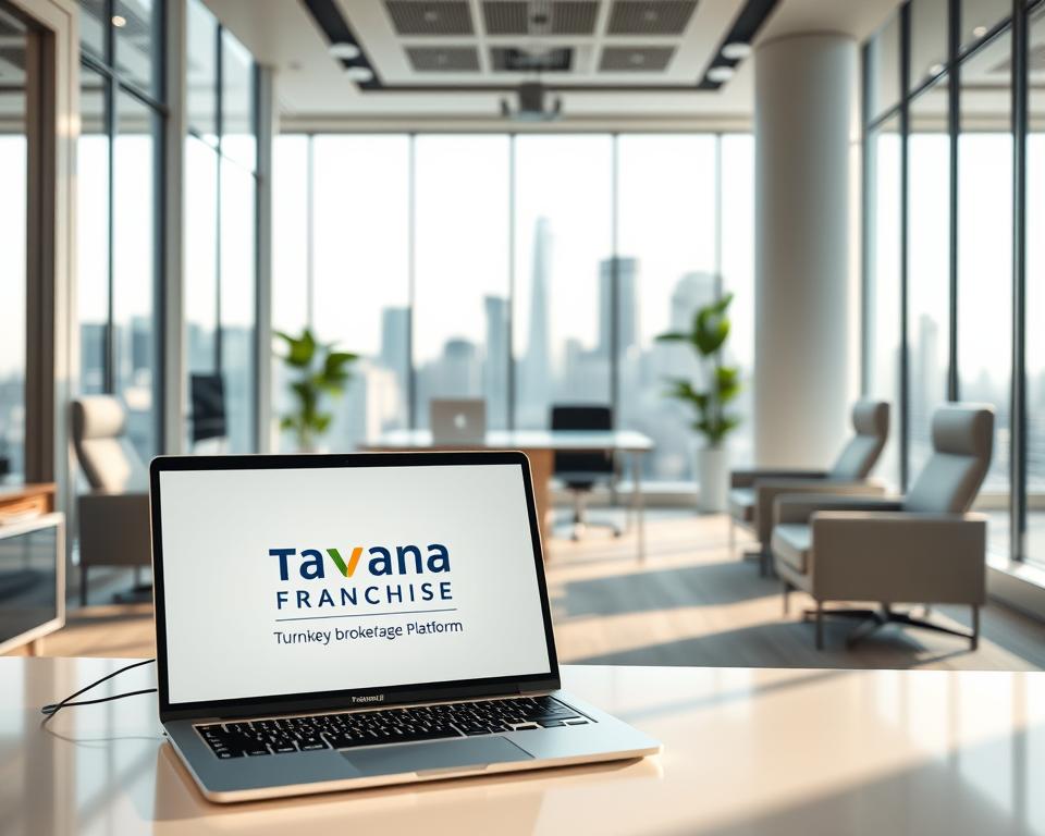 A sleek, modern office interior with clean lines and minimalist decor. In the foreground, a laptop displays the Tavana Franchise logo, showcasing their turnkey brokerage platform. Stylish furniture, including a glass-topped desk and ergonomic chairs, fill the middle ground. Large windows flood the space with natural light, creating a bright and inviting atmosphere. In the background, a city skyline is visible through the windows, hinting at the global reach and connectivity of the online brokerage service. The overall scene conveys a sense of professionalism, efficiency, and technological sophistication. A sleek, modern office interior with clean lines and minimalist decor. In the foreground, a laptop displays the Tavana Franchise logo, showcasing their turnkey brokerage platform. Stylish furniture, including a glass-topped desk and ergonomic chairs, fill the middle ground. Large windows flood the space with natural light, creating a bright and inviting atmosphere. In the background, a city skyline is visible through the windows, hinting at the global reach and connectivity of the online brokerage service. The overall scene conveys a sense of professionalism, efficiency, and technological sophistication.