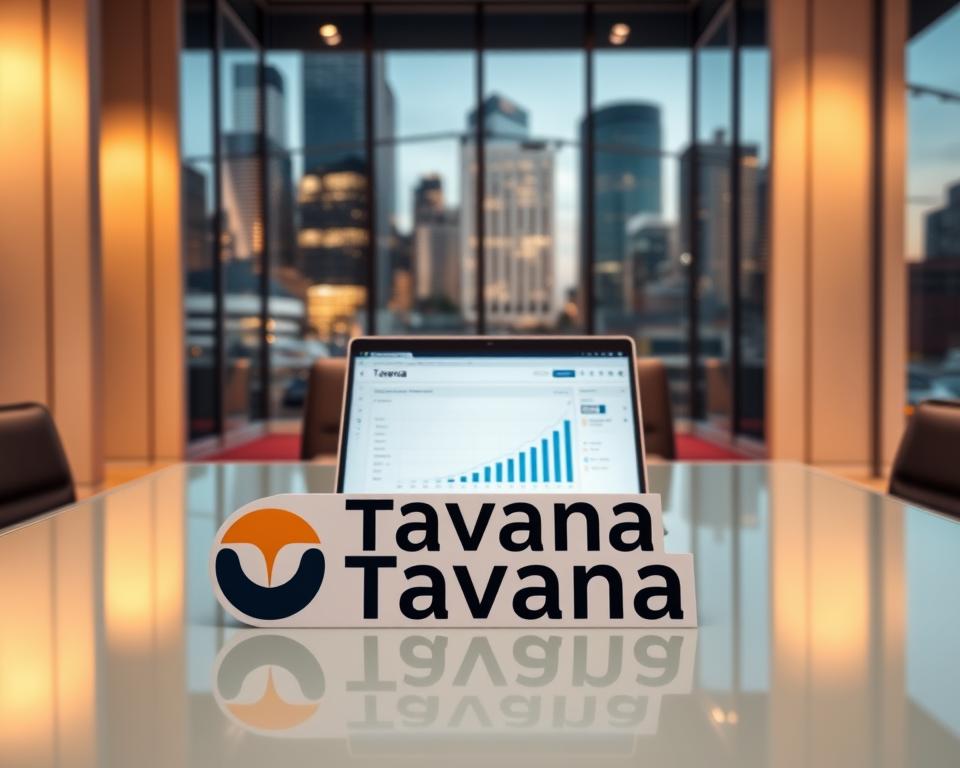 A sleek, modern office interior with warm lighting and clean lines. In the foreground, a Tavana Franchise logo prominently displayed on a glass-topped desk, hinting at the brand's professionalism and success. In the middle ground, a laptop displaying charts and graphs, representing the financial data and valuation details of the franchise business. The background features large windows overlooking a bustling city skyline, conveying the broader business landscape and growth opportunities. The overall mood is one of confidence, expertise, and a clear understanding of the franchise's resale worth.