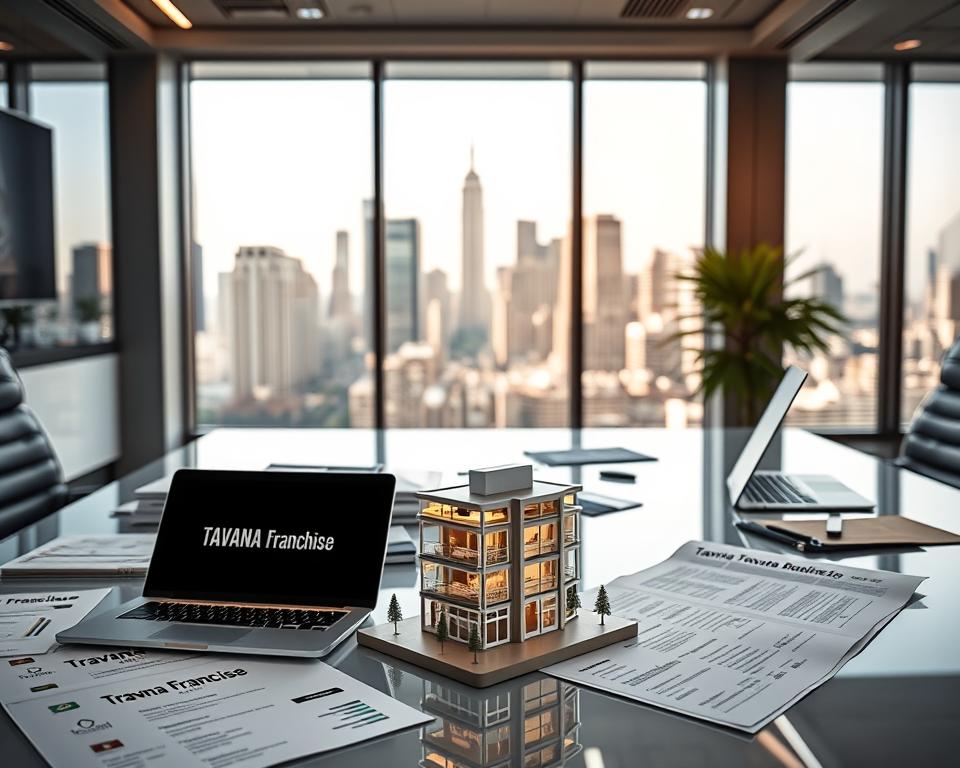 A sleek, modern office setting with a large desk, a laptop, and various business documents showcasing the "Tavana Franchise" brand. The lighting is bright and professional, creating a sense of productivity and efficiency. In the middle ground, a small model of a franchise business with various branching locations, representing the network and scalability of the franchise model. In the background, a city skyline can be seen through large windows, conveying the idea of growth and expansion. The overall atmosphere is one of professionalism, organization, and the potential for success inherent in the franchise business model.