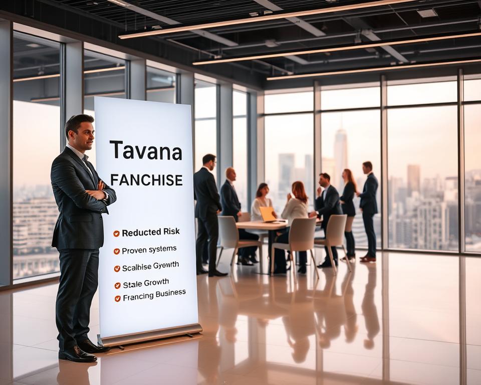 A sleek, modern office space with floor-to-ceiling windows, illuminated by soft, warm lighting. In the foreground, a stylish businessman in a sharp suit stands beside a large display showcasing the "Tavana Franchise" brand, highlighting its benefits - reduced risk, proven systems, and scalable growth. In the middle ground, a team of franchise owners collaborate at a conference table, discussing their thriving businesses. The background features a cityscape, symbolizing the widespread reach and success of the Tavana Franchise network.
