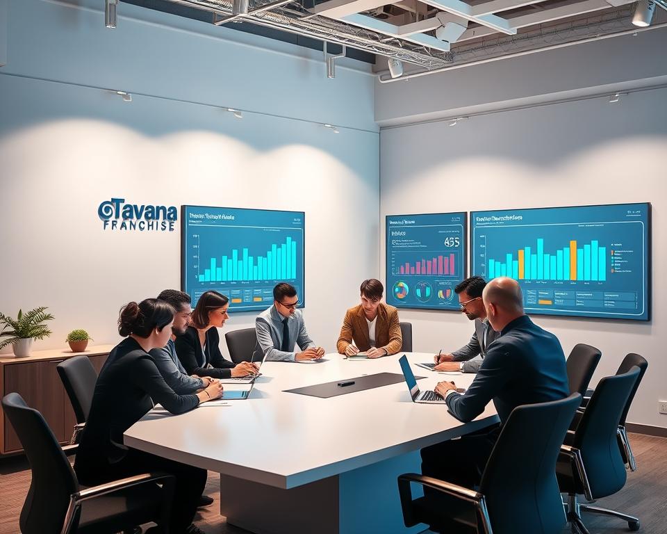 A sleek, modern office space with the Tavana Franchise logo prominently displayed on the wall. Crisp lighting illuminates a team of professionals collaborating around a large conference table, illustrating the operational efficiencies achieved through standardized processes. In the background, a digital dashboard showcases key performance metrics, emphasizing the data-driven decision-making that drives the franchise's success. The scene conveys a sense of streamlined operations, attention to detail, and a culture of continuous improvement.