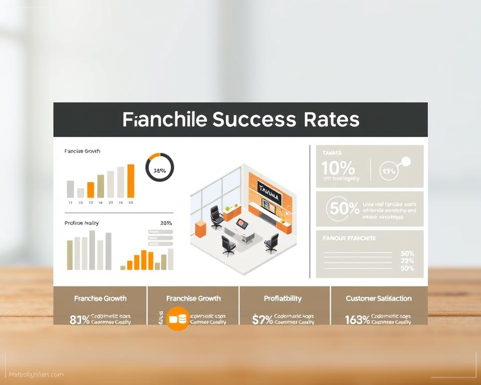A sleek, professional-looking infographic showcasing the "franchise success rates" for the Tavana Franchise brand. The foreground features clean, minimalist data visualizations such as bar graphs, pie charts, and line charts, displaying key metrics like franchise growth, profitability, and customer satisfaction. The middle ground shows a stylized, isometric illustration of a modern office space, with Tavana Franchise branding prominently displayed. The background is a soft, blurred gradient, creating a sense of depth and emphasizing the data-driven focus of the image. The overall tone is one of authority, reliability, and success, reflecting the advantages of franchise ownership.