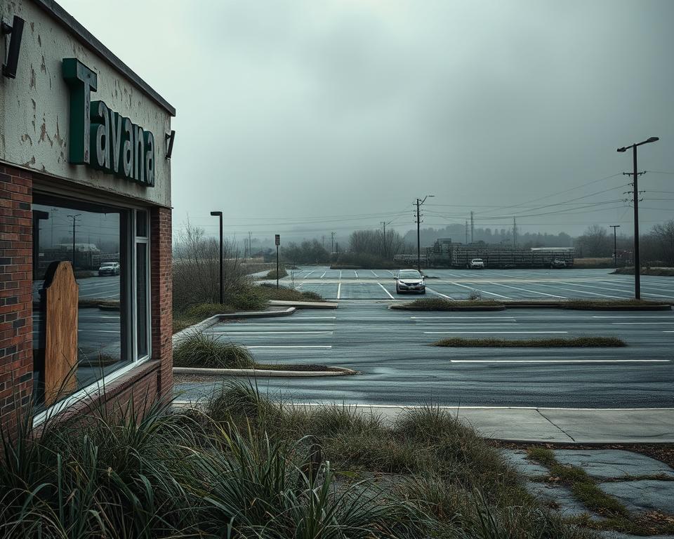 A somber, disjointed scene of the Tavana Franchise brand in decline. In the foreground, a crumbling storefront with peeling paint and a boarded-up window. Weeds overtake the neglected entryway, casting an ominous shadow. The middle ground features an empty parking lot, devoid of cars and life. In the background, a bleak, industrial landscape shrouded in a hazy, oppressive atmosphere. The overall mood is one of abandonment, failure, and the harsh realities of when franchising goes wrong.