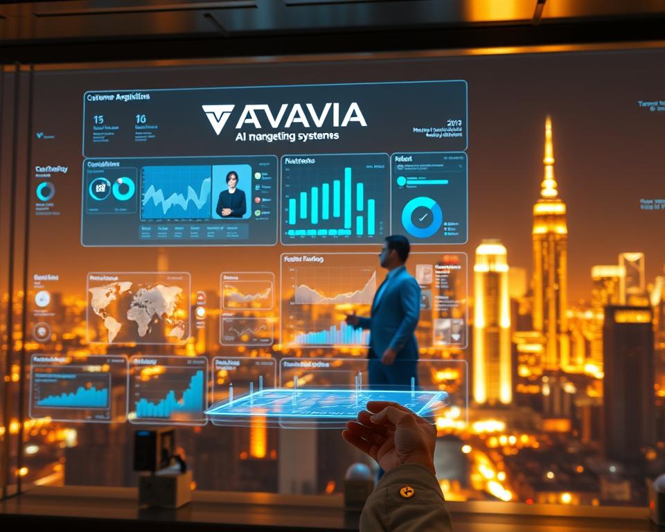 A sophisticated AI-powered customer acquisition system, featuring the Tavana Franchise brand. In the foreground, a sleek virtual assistant interacts with a prospective customer on a holographic display. The middle ground showcases an array of data visualization dashboards, tracking key marketing metrics and campaign performance. In the background, a futuristic city skyline is illuminated by a warm, golden glow, reflecting the power and potential of AI-driven customer acquisition strategies. The scene exudes a sense of technological innovation, efficiency, and a commitment to data-driven decision-making.