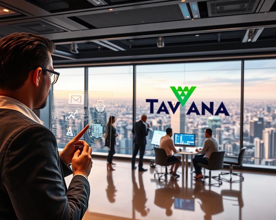 A sophisticated, high-tech sales office with the Tavana Franchise logo prominently displayed. In the foreground, a sales representative uses a futuristic holographic interface to manage client data and sales processes. In the middle ground, a team of salespeople collaborate around a large interactive display, analyzing sales metrics and strategizing. The background features a panoramic view of a bustling cityscape, symbolizing the global reach and impact of AI-driven sales optimization. The lighting is a blend of warm, ambient tones and cool, digital hues, creating a dynamic, forward-thinking atmosphere. The camera angle is slightly elevated, capturing the scale and scope of the AI-powered sales operation.