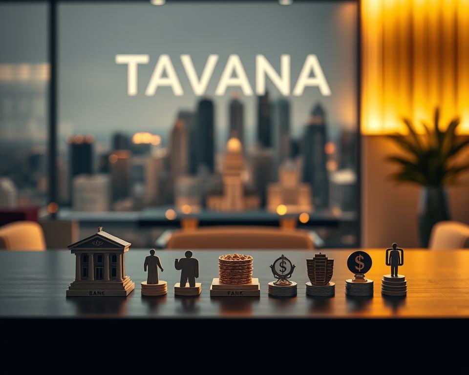 A sophisticated, visually striking image depicting the "Tavana Franchise" funding options. In the foreground, a table showcases various financial instruments - bank loans, investor pitches, government grants, and crowdfunding platforms - each represented by iconic symbols. The middle ground features a stylized cityscape, hinting at the franchise's growth potential. In the background, a warm, golden light bathes the scene, conveying a sense of prosperity and opportunity. The composition is balanced, the lighting is dramatic, and the overall mood is one of confidence and success.