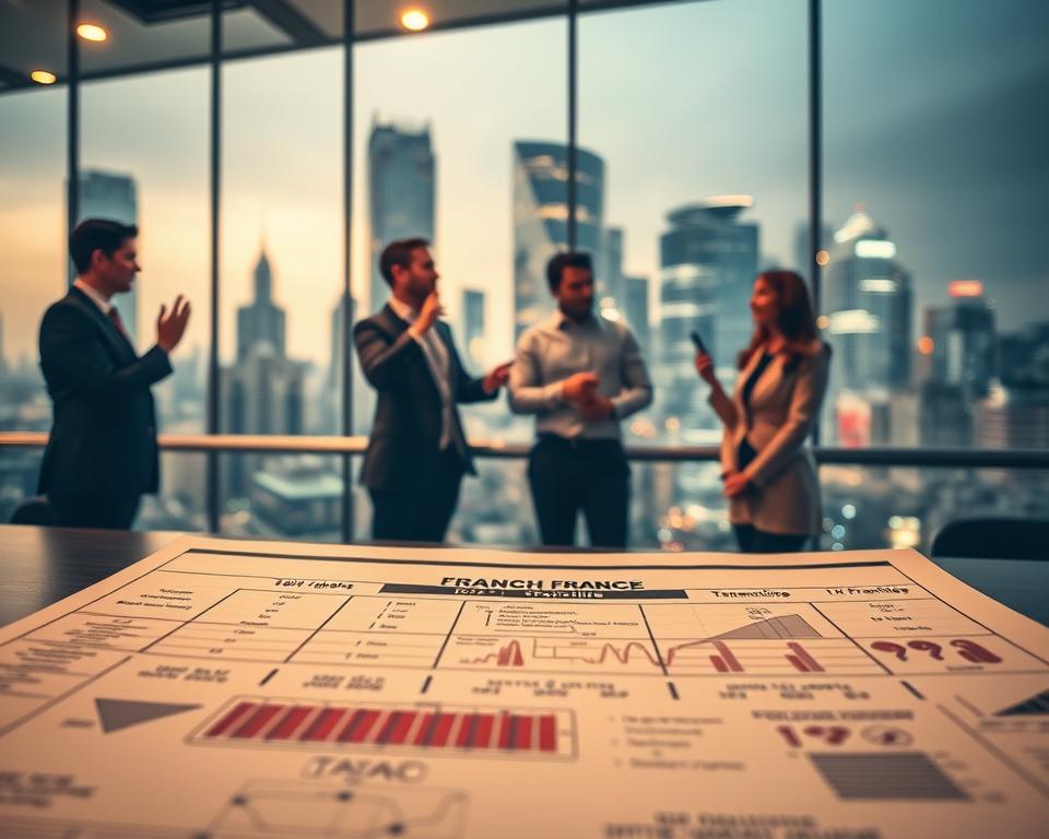 A strategic franchise development plan showcasing the Tavana Franchise brand. In the foreground, a detailed blueprint or schematic outlines the key steps and milestones for franchise growth. The middle ground features a group of professionals - franchisors and potential franchisees - engaged in a discussion, gesturing towards the plan. In the background, a cityscape with skyscrapers and bustling activity conveys the excitement and potential of franchise expansion. The lighting is warm and inviting, with a professional, business-oriented atmosphere. The camera angle is slightly elevated, giving an overview of the scene. The prompt aims to visually represent the "Strategic Considerations Before Becoming a Franchisor" through a cohesive, aspirational image.