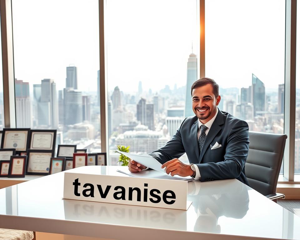 A sunlit office interior, with a large window overlooking a bustling city skyline. In the foreground, a well-dressed professional sits at a sleek, modern desk, reviewing documents and smiling confidently. On the desk, a prominent "Tavana Franchise" logo is displayed. The mid-ground features an array of framed certificates and awards, highlighting the individual's achievements and the franchise's success. The background showcases a bustling city landscape, with towering skyscrapers and a vibrant, energetic atmosphere, conveying the thriving nature of the franchise business. The overall scene radiates a sense of opportunity, professionalism, and the advantages of franchise ownership.