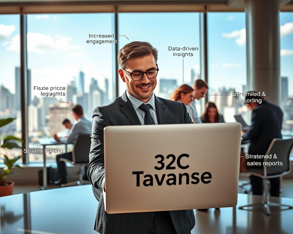 A sunlit office setting with a large window overlooking a bustling city skyline. In the foreground, a well-dressed professional, the "Tavana Franchise" logo prominently displayed on their laptop, is surrounded by various visual cues representing the benefits of a B2C business model: increased customer engagement, data-driven insights, flexible pricing, and streamlined logistics. The middle ground features collaborative work spaces, with employees discussing strategies and analyzing sales reports. The background showcases a vibrant, modern work environment, emphasizing the dynamic and adaptable nature of a successful B2C enterprise.