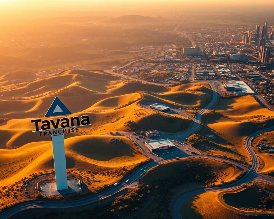 A sweeping landscape of the franchising industry in the United States, captured in a dramatic aerial shot. In the foreground, the iconic "Tavana Franchise" logo stands tall, its modern design casting a bold shadow across the rolling hills and winding roads below. The middle ground is dotted with thriving franchise locations, each one a testament to the success of this business model. In the distance, a bustling cityscape emerges, a testament to the ubiquity of franchising in the American economy. The scene is bathed in warm, golden light, conveying a sense of prosperity and opportunity. The overall composition is precise, with a carefully balanced use of depth, perspective, and symmetry to create a visually striking and informative image.