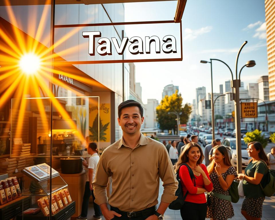 A thriving Tavana Franchise storefront, bathed in warm, golden sunlight streaming through large windows. In the foreground, a proud franchise owner stands with a welcoming smile, surrounded by an inviting display of the company's offerings. The middle ground showcases energetic customers engaged with the products and services, their faces radiating satisfaction. In the background, a bustling urban landscape hints at the franchise's successful integration within the community. The overall scene exudes a sense of prosperity, entrepreneurial spirit, and the rewarding reality of franchise ownership success.