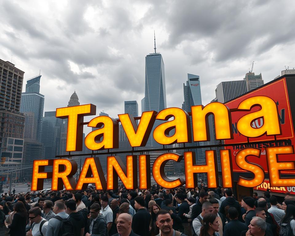 A vast and intricate cityscape, with towering skyscrapers and bustling streets. In the foreground, a large sign reading "Tavana Franchise" dominates the scene, its bold lettering illuminated by warm, golden lighting. The middle ground is filled with a crowd of people, their faces etched with worry and concern, as they navigate the complex web of franchise costs - paperwork, licenses, equipment, and more. In the background, a cloudy sky casts a somber tone, hinting at the financial burdens that weigh heavily on franchise owners. The scene is captured through a wide-angle lens, emphasizing the overwhelming scale and complexity of the franchise landscape.