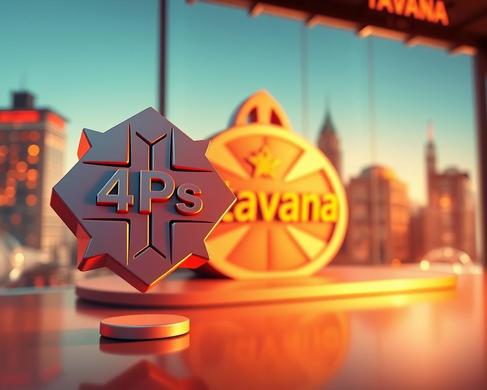 A vibrant 3D illustration showcasing the core marketing mix elements of the "Tavana Franchise" brand. In the foreground, a large, stylized "4Ps" icon floats, its corners representing Product, Price, Promotion, and Place. The middle ground features a dynamic, glossy metallic composition, with the Tavana logo prominently displayed. In the background, a softly blurred cityscape provides a contextual backdrop, evoking a sense of urban sophistication. The scene is illuminated by warm, directional lighting, casting dramatic shadows and highlights that accentuate the sleek, modern aesthetic. The overall composition conveys a powerful, innovative, and strategic marketing approach tailored for franchise success.
