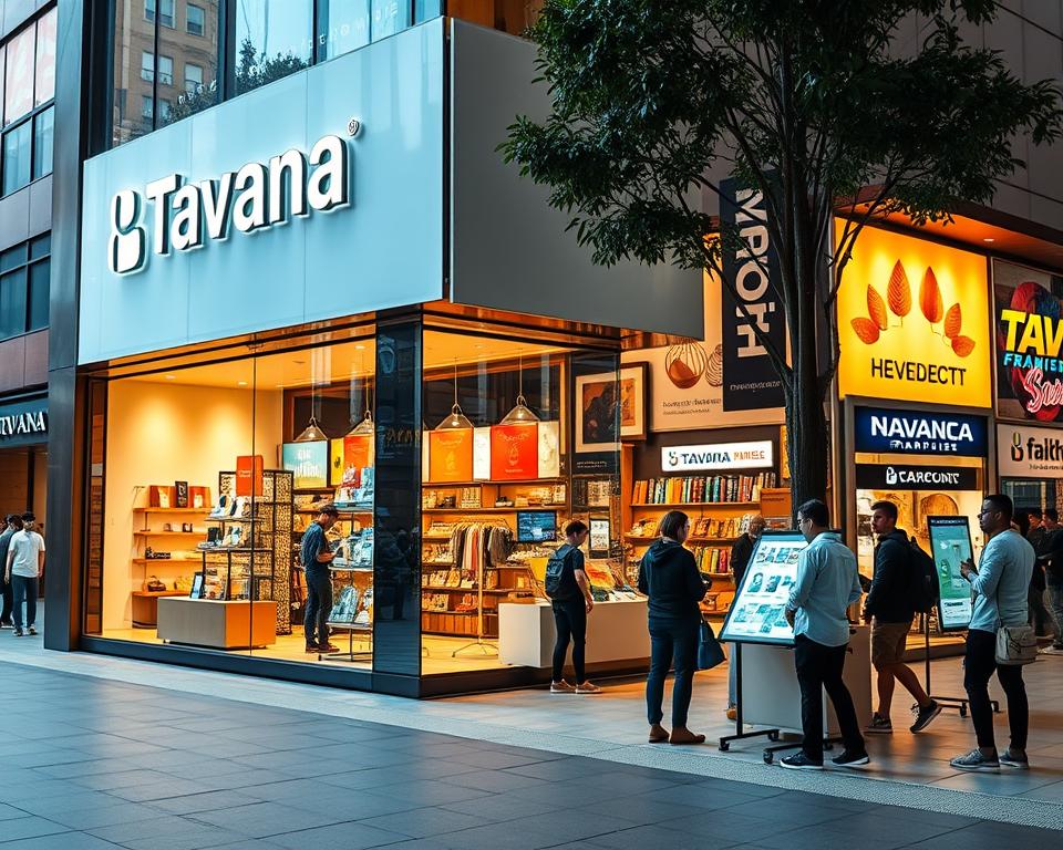 A vibrant B2C e-commerce scene, with the Tavana Franchise brand prominently displayed. A sleek, modern storefront in the foreground, with large display windows showcasing a variety of products. The middle ground features customers browsing and interacting with interactive digital displays, while the background depicts a bustling city streetscape with other shops and pedestrians. Warm, natural lighting illuminates the scene, creating a welcoming and inviting atmosphere. The overall composition conveys the energy, convenience, and accessibility of the B2C e-commerce experience.