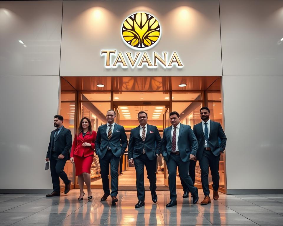 A vibrant and dynamic composition showcasing the high-profit potential of the Tavana Franchise brand. Set against a sleek, modern backdrop, the image features a glossy, well-designed storefront, with a prominent logo and signage. In the foreground, a group of smartly dressed, prosperous-looking individuals enter the establishment, conveying a sense of success and exclusivity. The lighting is warm and inviting, creating a welcoming atmosphere. The overall scene radiates a sense of profitability, professionalism, and the promise of a thriving business opportunity. The composition is balanced and visually striking, capturing the essence of a high-profit franchise in the United States.