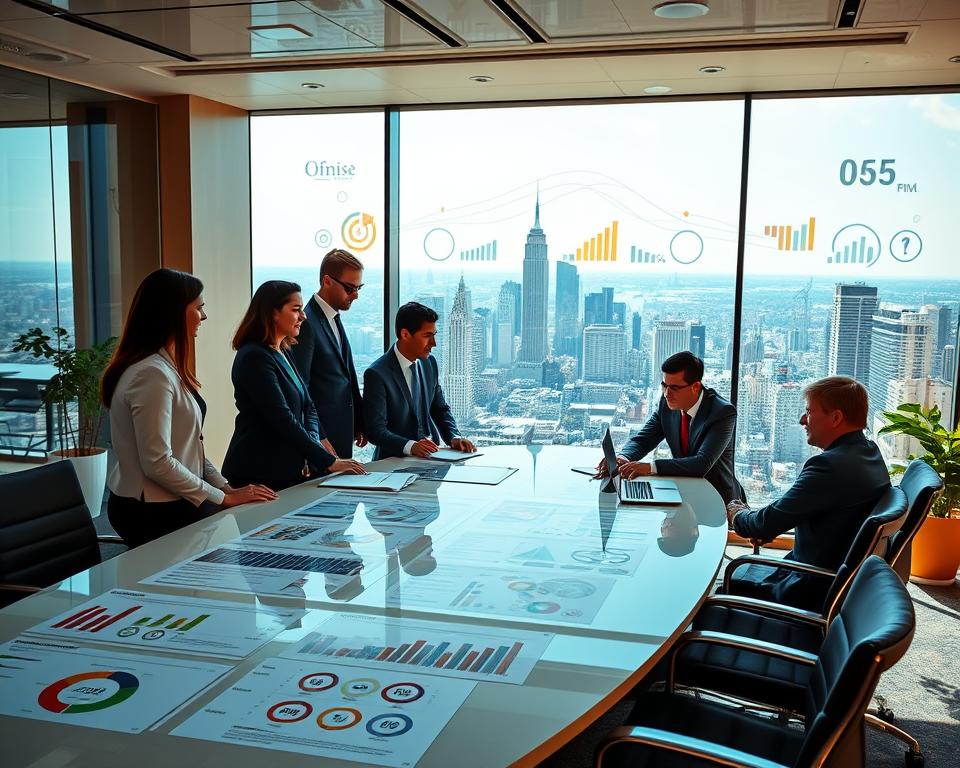 A vibrant and dynamic office scene, highlighting the advantages of franchising for Tavana Franchise Consultants. In the foreground, a team of business consultants collaborates around a sleek conference table, discussing franchising strategies and industry insights. The middle ground features an array of infographics and data visualizations, showcasing the key benefits of the franchisor model. In the background, a panoramic view of a bustling city skyline, reflecting the growth and expansion opportunities inherent in franchising. The scene is illuminated by warm, natural lighting, creating a sense of professionalism and optimism. The overall mood conveys the expertise and guidance Tavana Franchise Consultants provide to help franchisors unlock their full potential.