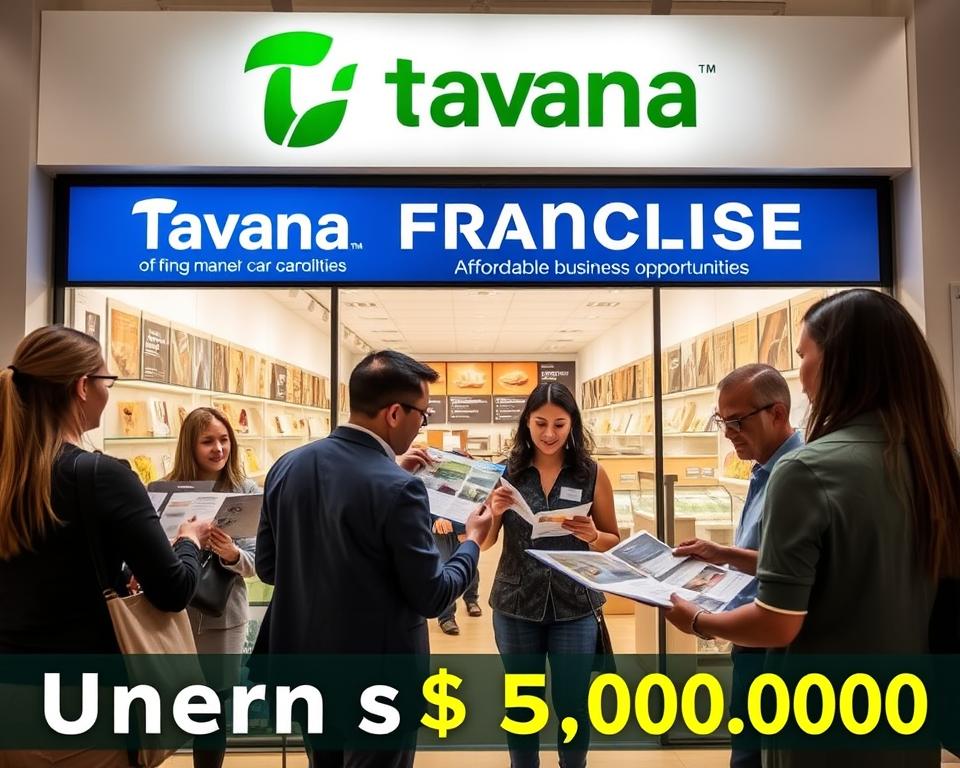 A vibrant and inviting storefront with the Tavana Franchise brand prominently displayed, showcasing a diverse array of affordable business opportunities. The interior is well-lit, with ample natural light streaming in through large windows, creating a warm and welcoming atmosphere. A group of prospective franchisees examine informative brochures and engage in animated discussions, exploring the various franchise options available for under $50,000. The scene conveys a sense of excitement and possibility, highlighting the accessibility and potential of these affordable franchise opportunities.