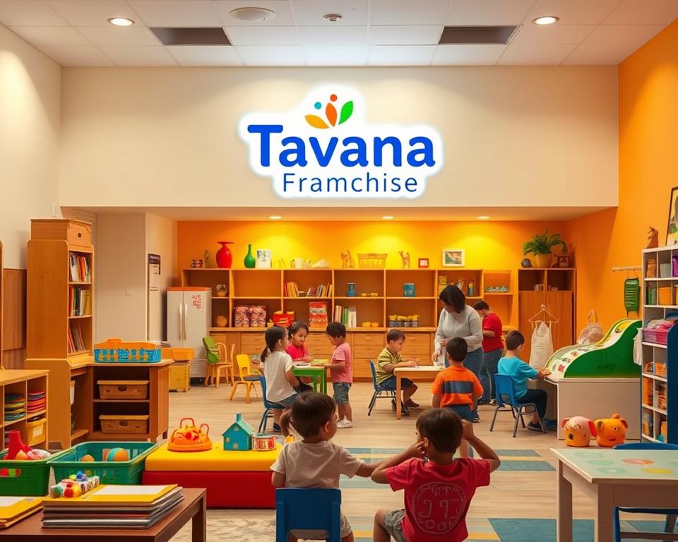 A vibrant and welcoming daycare center interior with the "Tavana Franchise" logo prominently displayed on the wall. Warm lighting illuminates a spacious play area with colorful toys, books, and arts and crafts supplies. In the background, a group of children engage in educational activities under the supervision of caring staff. The scene conveys a sense of safety, learning, and community, reflecting the support and training offered to Tavana Franchise daycare center owners.