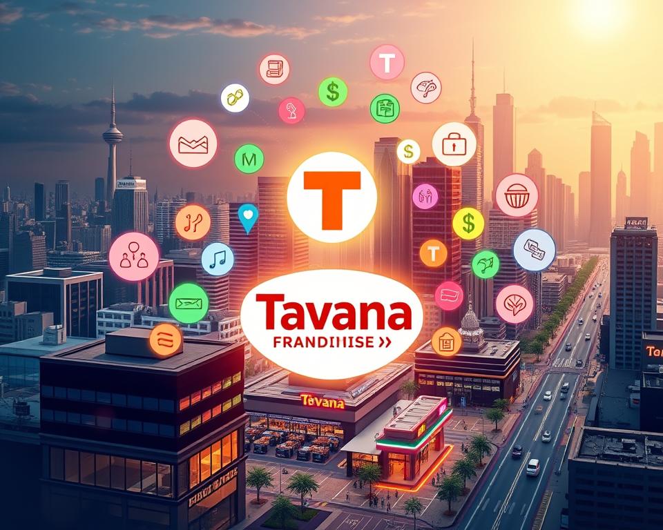 A vibrant array of revenue streams for the "Tavana Franchise" brand, depicted in a dynamic and visually captivating illustration. In the foreground, a stylized franchise logo shines brightly, surrounded by various icons representing different income sources - royalties, franchise fees, product sales, and more. The middle ground showcases a diverse range of franchise locations, each contributing to the overall financial success. In the background, a sleek, modern cityscape sets the stage, with skyscrapers and bustling streets hinting at the expansive potential of the franchise's growth. The overall scene conveys a sense of prosperity, opportunity, and the multiple avenues for generating revenue as a successful franchisor.