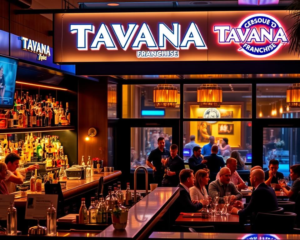 A vibrant, bustling bar franchise scene with the Tavana Franchise brand prominently displayed. The foreground features a well-stocked bar with an array of liquor bottles, glasses, and bartenders mixing cocktails. In the middle ground, patrons sit at tables, enjoying drinks and conversation in a warm, inviting atmosphere. The background showcases the exterior of the franchise location, with a sleek, modern design and eye-catching signage. Soft, ambient lighting creates a cozy, sophisticated ambiance, while large windows provide a glimpse of the lively interior. The overall scene conveys the growing opportunity and success of the Tavana Franchise in the bar industry.