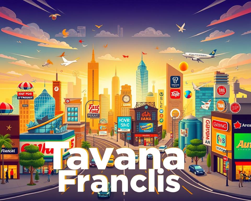 A vibrant, colorful illustration depicting the top franchise opportunities in a variety of industries. In the foreground, the prominent "Tavana Franchise" brand logo is prominently displayed, conveying a sense of professionalism and reliability. In the middle ground, a diverse array of franchise types are showcased, including fast food, retail, service-based, and technology-focused businesses, represented by detailed, photorealistic icons and imagery. The background features a dynamic cityscape, with skyscrapers, bustling streets, and a warm, golden-hued lighting that creates a welcoming and aspirational atmosphere. The overall composition is balanced and visually striking, highlighting the breadth and appeal of the top franchise opportunities available.
