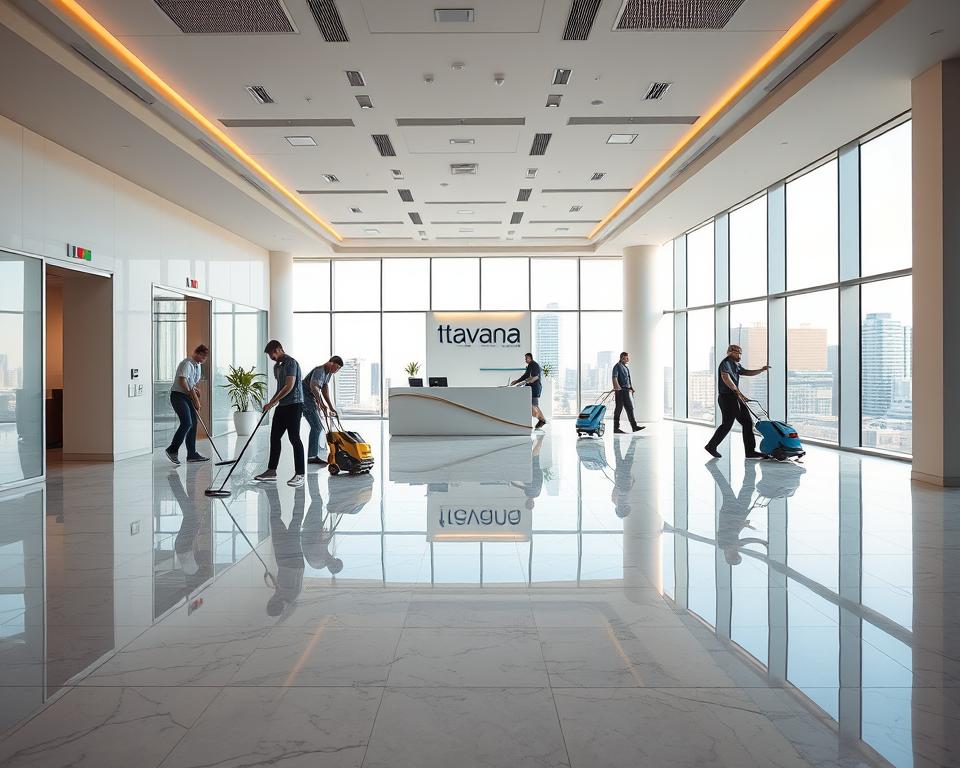 A vibrant commercial space with a bustling Tavana Franchise office cleaning business. In the foreground, a team of professional cleaners equipped with top-of-the-line equipment diligently scrubbing and polishing the gleaming marble floors. The middle ground showcases the reception area, with a modern, minimalist design and a welcoming Tavana Franchise branding prominently displayed. Through the large windows, the background reveals an urban cityscape, bathed in warm, natural lighting that filters through. The overall atmosphere exudes a sense of efficiency, professionalism, and the promise of a thriving office cleaning franchise operation.