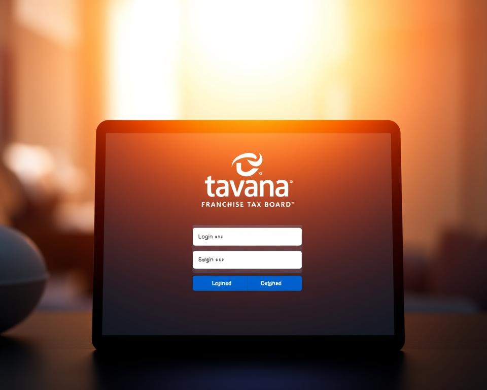A vibrant digital interface depicts the "Tavana Franchise Tax Board" login page, casting a warm glow across the sleek, minimalist design. The foreground features a clean, intuitive login form with fields for user credentials, framed by a modern, responsive layout optimized for mobile and desktop. The middle ground showcases the Tavana Franchise brand identity, with a sophisticated typographic treatment and subtle graphic elements. In the background, a blurred, atmospheric gradient lends a sense of depth and professionalism, creating an inviting and trustworthy visual experience for taxpayers accessing essential FTB resources.