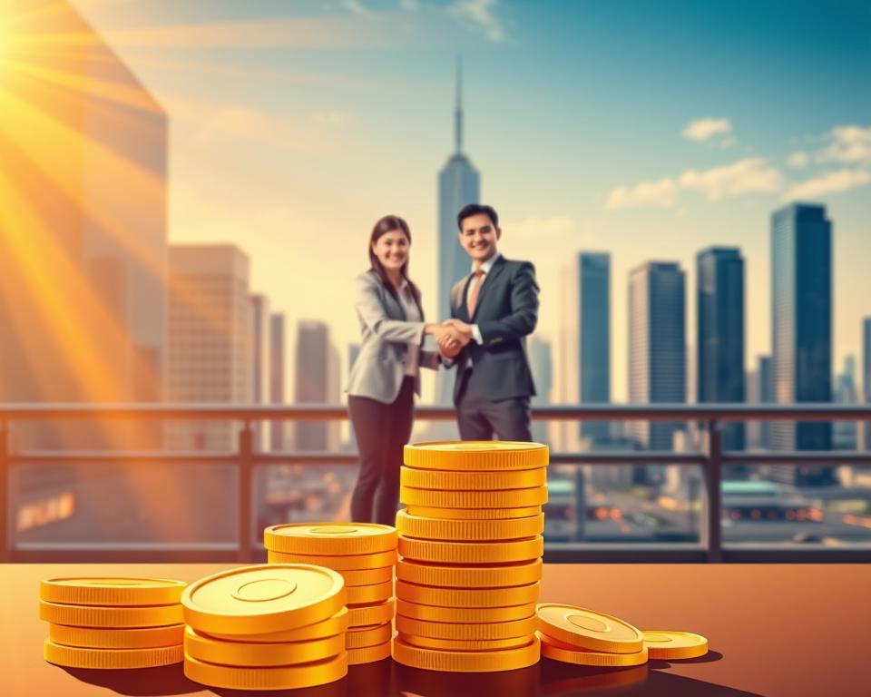 A vibrant, digitally rendered illustration showcasing the financial advantages of franchising for the Tavana Franchise brand. In the foreground, a stack of golden coins symbolizes increased profitability, with rays of light emanating from behind. In the middle ground, a team of smiling business people shake hands, representing the collaborative partnership between franchisor and franchisee. The background features a sleek, modern cityscape, conveying the sense of growth and opportunity inherent in a successful franchise model. The scene is lit by a warm, golden glow, creating a mood of prosperity and success. The overall composition highlights the key financial benefits of the Tavana Franchise system, including economies of scale, reduced startup costs, and reliable revenue streams.