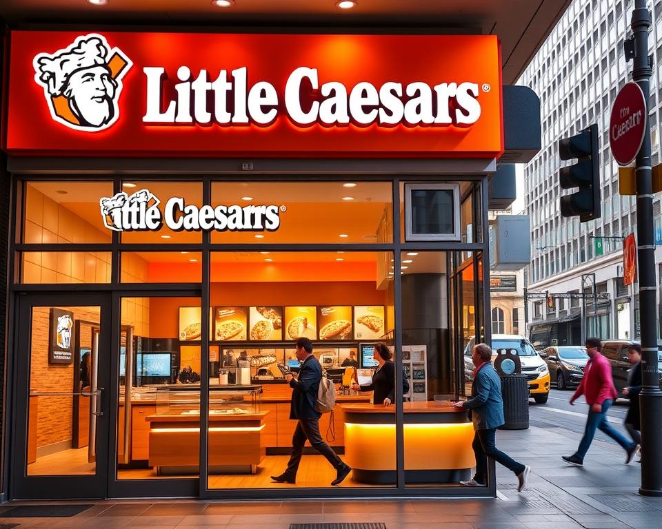 A vibrant, high-quality franchise opportunity for Tavana Franchise, showcasing a bustling Little Caesars storefront. In the foreground, a modern, welcoming entrance with the iconic Little Caesars logo and signage. The middle ground features a well-designed, inviting interior with neatly arranged pizza displays and counters, conveying a sense of efficiency and hospitality. The background depicts a lively urban setting, with passing pedestrians and vehicles, suggesting a prime, high-traffic location. The lighting is warm and natural, casting a cozy, appealing atmosphere. The overall composition highlights the franchise's professionalism, brand recognition, and customer-centric approach, making it an enticing investment opportunity.