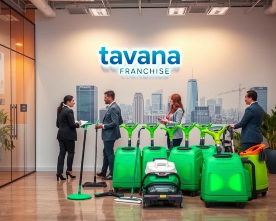 A vibrant, modern office space with the Tavana Franchise logo prominently displayed on the wall. The foreground features a group of business professionals engaged in a lively discussion, illustrating the collaborative nature of a successful commercial cleaning franchise opportunity. The middle ground showcases a fleet of eco-friendly cleaning equipment, emphasizing the technological and sustainable aspects of the franchise. The background depicts a bustling city skyline, conveying the growth potential and urban market for a thriving commercial cleaning business. The overall scene is illuminated by warm, natural lighting, creating a welcoming and professional atmosphere.