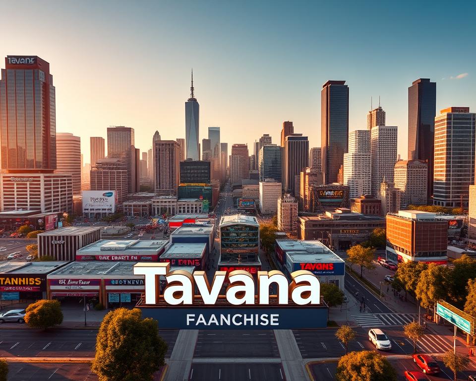 A vibrant, panoramic view of the 2023 franchise landscape. In the foreground, the Tavana Franchise logo stands prominently, signifying its presence in the bustling market. The middle ground reveals a diverse array of franchise concepts, each with its distinct branding and visual identity. Towering skyscrapers, modern office buildings, and bustling retail hubs create a dynamic urban backdrop, reflecting the ever-evolving nature of the franchise industry. The scene is illuminated by warm, golden light, suggesting a sense of growth and opportunity. Subtle details, such as pedestrians and vehicles, add to the sense of life and movement, capturing the energy and potential of the franchise landscape in the year 2023.