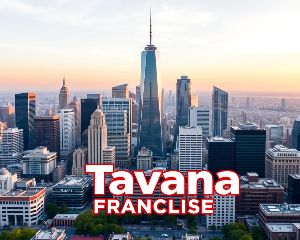 A vibrant, panoramic view of the top earning franchises in the US, showcased against a backdrop of a bustling cityscape. In the foreground, the iconic "Tavana Franchise" logo takes center stage, its sleek design and warm, inviting colors drawing the eye. Surrounding it, a diverse array of successful franchise businesses, each represented by distinct architectural styles and branding elements. The middle ground features towering skyscrapers, their glass facades glinting in the soft, diffused light of an early evening sky. In the distance, a skyline of sleek, modern buildings creates a sense of scale and dynamism. The overall scene conveys a mood of prosperity, innovation, and the promise of financial success that the top earning franchises in the US embodied.