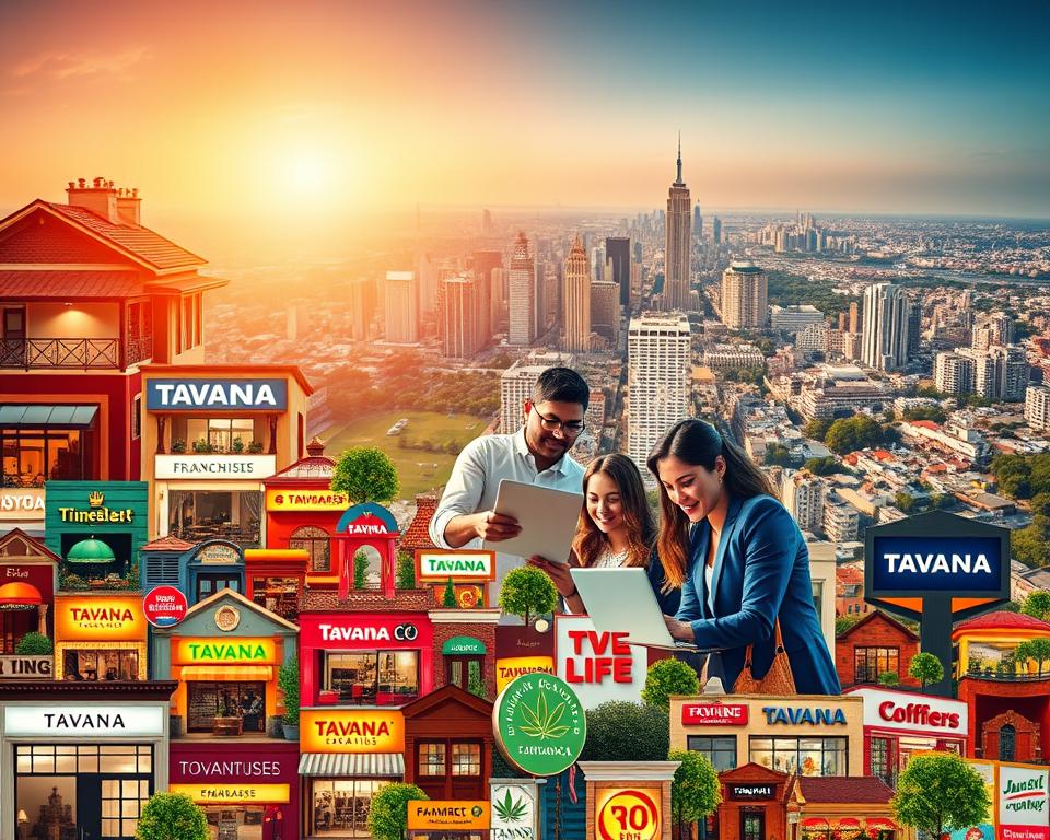 A visually striking composition showcasing the marketing strategies of the Tavana Franchise. In the foreground, a vibrant mosaic of diverse franchise locations, each with a distinct architectural style and signage. The middle ground features a team of franchise managers collaborating on a digital marketing campaign, their faces illuminated by the glow of laptop screens. In the background, a panoramic cityscape sets the stage, hinting at the franchise's national or global reach. Warm lighting casts a celebratory atmosphere, while a dynamic camera angle emphasizes the energy and dynamism of the franchise's marketing efforts.