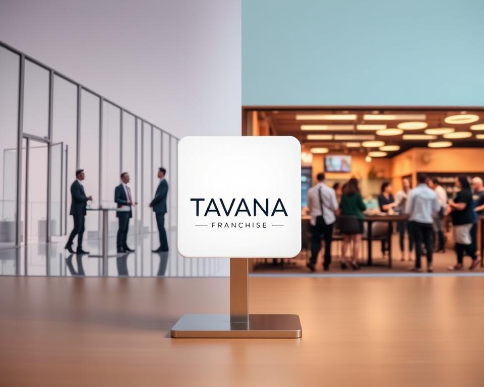 A visually striking side-by-side comparison of the B2B and B2C business models, rendered with a clean, modern aesthetic. In the foreground, a detailed Tavana Franchise logo stands as a focal point, reflecting the professional, enterprise-focused nature of B2B transactions. The left side depicts a B2B scene, with sleek, minimalist corporate architecture and well-dressed business executives in a formal conference setting. The right side showcases a vibrant, consumer-oriented B2C environment, featuring a lively retail space with diverse customer interactions and a warm, inviting atmosphere. The background blends subtle gradients and geometrical patterns, creating a sense of balance and contrast between the two distinct business approaches.