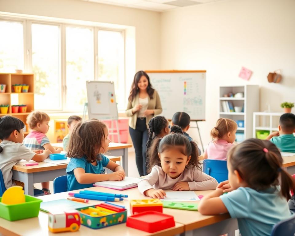 A well-lit, contemporary classroom setting featuring young children engaged in various educational activities. In the foreground, a group of students sitting at desks, focused on their work, with colorful educational materials and supplies on display. In the middle ground, a teacher standing near a whiteboard, guiding the students with a warm, nurturing expression. The background showcases a bright, airy space with large windows, allowing natural light to flood the room, creating a vibrant and inviting atmosphere. The overall scene conveys a sense of learning, discovery, and the Tavana Franchise's commitment to early childhood education.