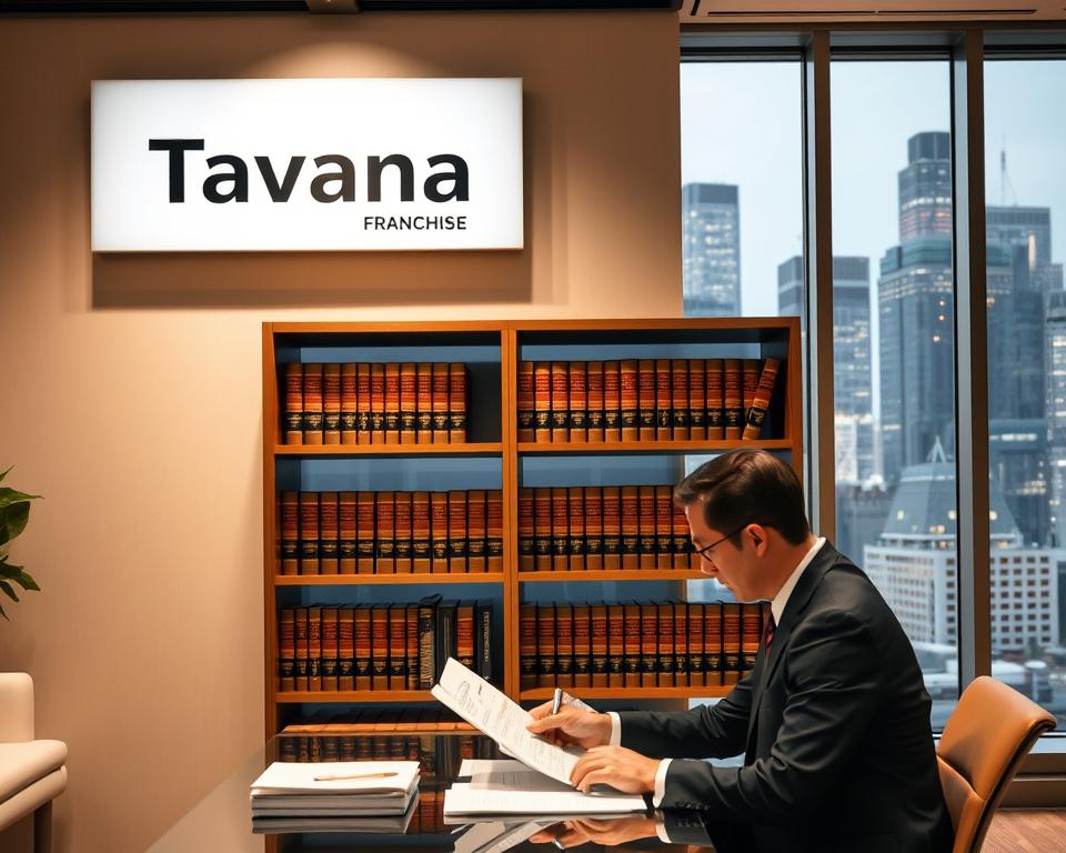A well-lit corporate office interior, showcasing the "Tavana Franchise" brand prominently displayed on a wall-mounted sign. In the foreground, a businessperson sitting at a desk reviews legal documents, conveying a sense of diligence and attention to compliance requirements. The middle ground features a bookshelf filled with legal volumes, suggesting the depth of knowledge and expertise necessary for successful franchise operations. The background depicts floor-to-ceiling windows overlooking a bustling cityscape, creating an atmosphere of professionalism and stability. Warm lighting and a neutral color palette contribute to an overall mood of formality and authority.