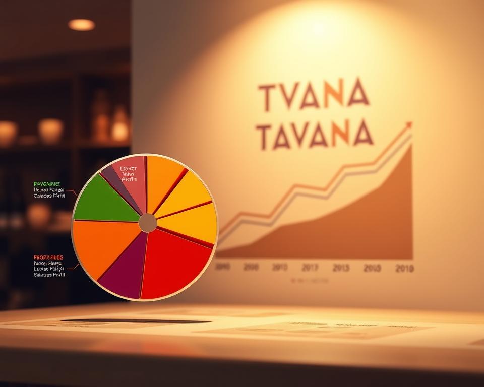 A well-lit, detailed diagram showcasing the profitability and ROI analysis of the Tavana Franchise. In the foreground, a pie chart illustrates the breakdown of revenue streams, highlighting the franchise's diverse income sources. In the middle ground, a line graph depicts the steady growth of profits over time, with the franchise's impressive margins clearly visible. In the background, a sleek, minimalistic rendering of the Tavana Franchise logo conveys the brand's modern and successful identity. Soft, warm lighting and a clean, professional aesthetic create a polished, informative atmosphere.